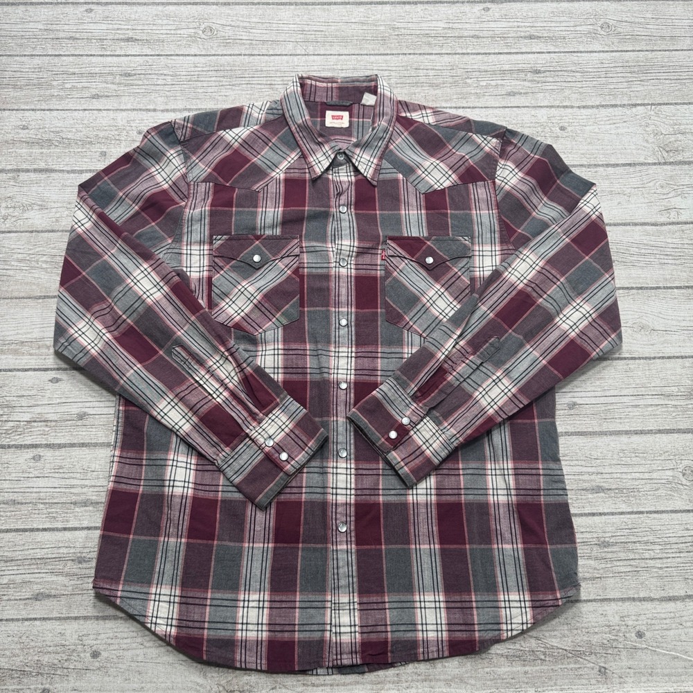 Y2K Levi's Shirt Men's XL Burgundy Plaid Pearl Snap Long Sleeve Workwear Western